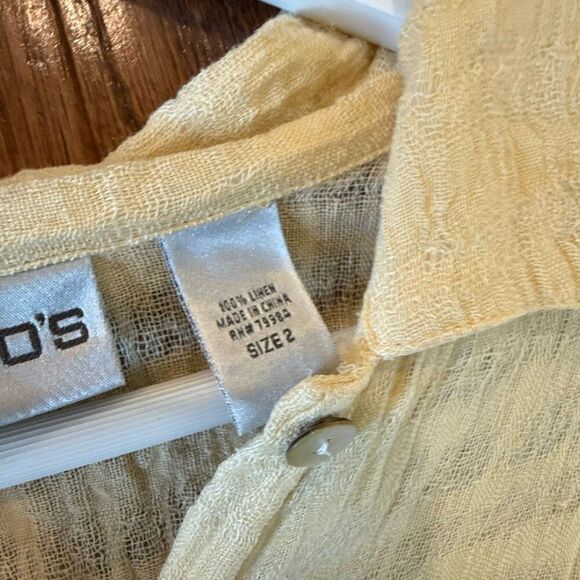 Chicos 100% butter yellow linen gauze collared blouse 2 large - Picture 7 of 10